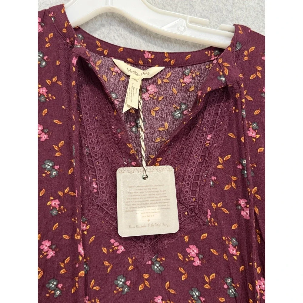 Matilda Jane Dress Womens XS Purple Floral‎ V Neck Tassel Boho Shift 3/4 Sleeve